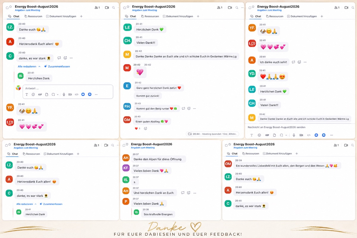Teilnehmerstimmen aus dem Zoom-Chat des Energy Boost Kristallwelten